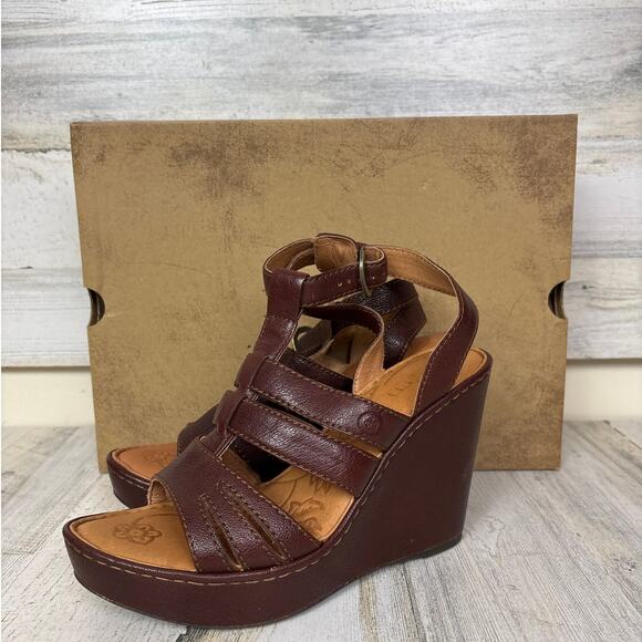 Born womens 8 brown leather FILOMENA WEDGE SANDAL PLATFORM shoe buckle ankle - Picture 1 of 7